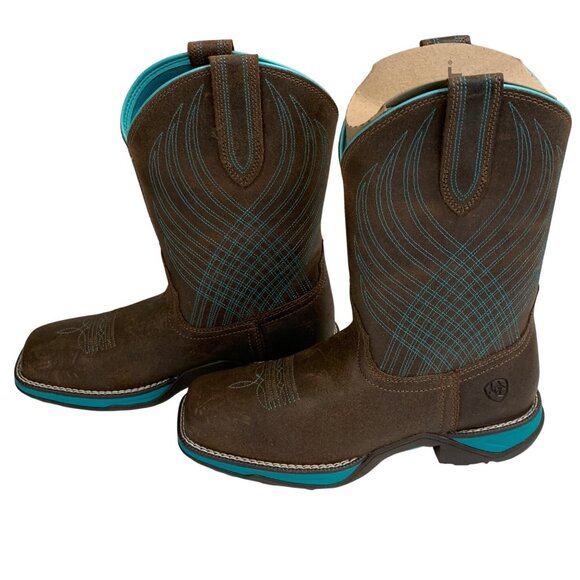 Ariat Womens Anthem Square Toe Western Boots Sz 6 B Java Brown Turquoise Leather - Picture 6 of 12